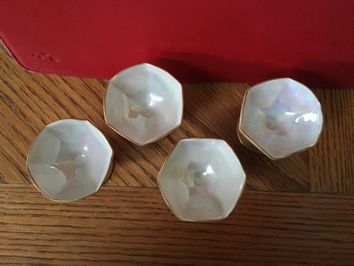 NORITAKE NIPPON ANTIQUE 4 PORCELAIN EGG CUPS HOLDERS GOLD/WHITE/LUSTERWARE JAPAN