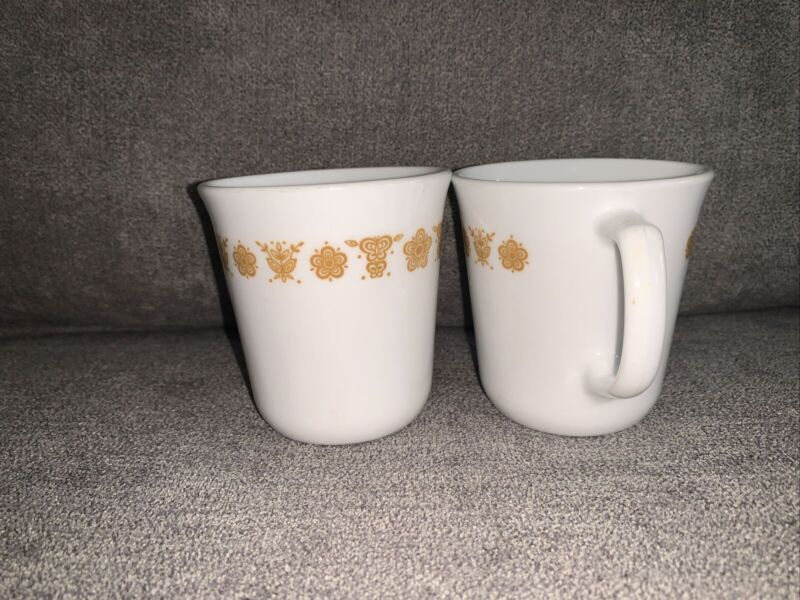 Set of 2 Pyrex Corning Corelle Butterfly Gold D Handle Coffee Mugs Cups 1410