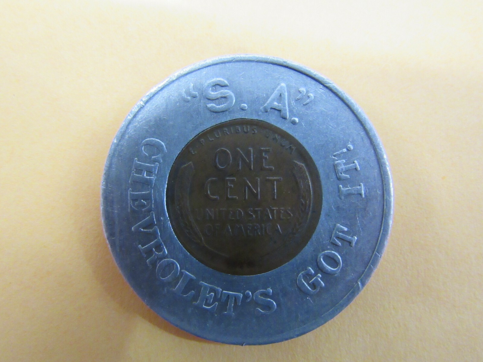 Vintage Coin Encased Cent Good Luck Penny 1947  S.A. S&A Chevrolet Somerset Pa.?