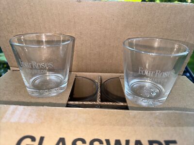 Four Roses KY Bourbon Whiskey Etched Glasses w/ Embossed Rose on Bottom Set Of 2