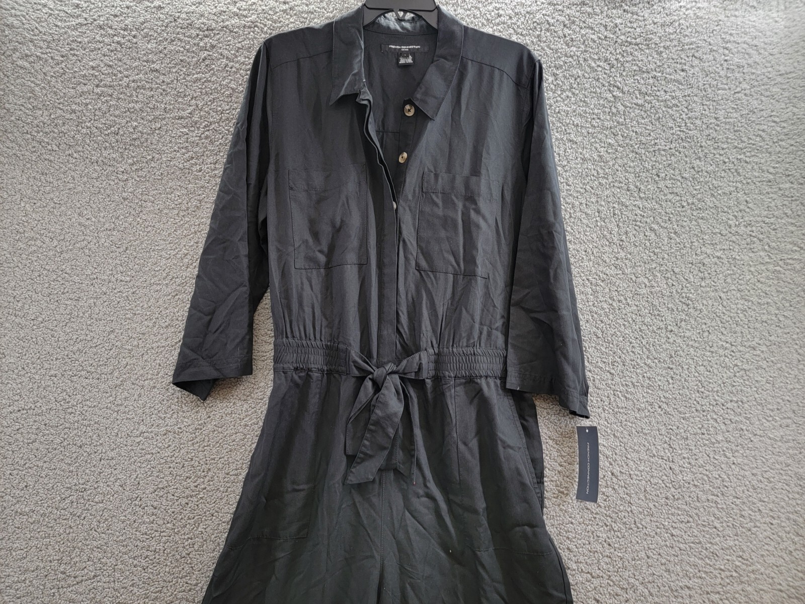 French Connection Elkie Button-Down Cargo Jumpsuit Women's L Black Collared - Picture 3 of 21