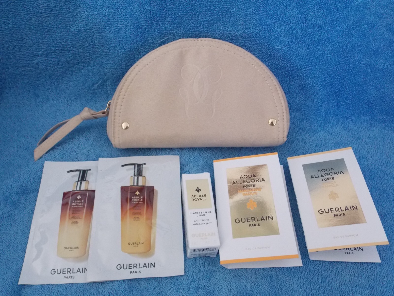Guerlain Paris New Travel Pouch Zip Bag & 5 Samples Eau De Parfum