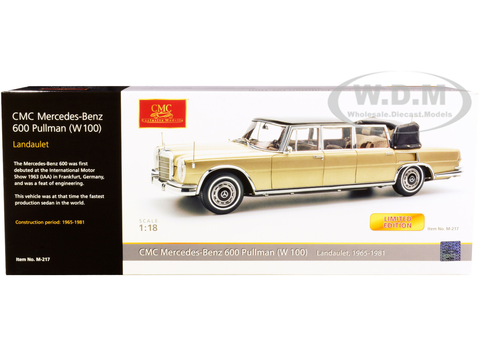 1964-81 MERCEDES 600 PULLMAN W100 LANDAULET CONVERTIBLE GOLD 1/18 MODEL CMC 217