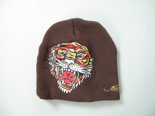 Ed Hardy Gray Knit Beanie Faux Fur Pom Tiger Rose Embroidered Patch Ed Hardy Tattoo Hats for Women | Mercari main image 4