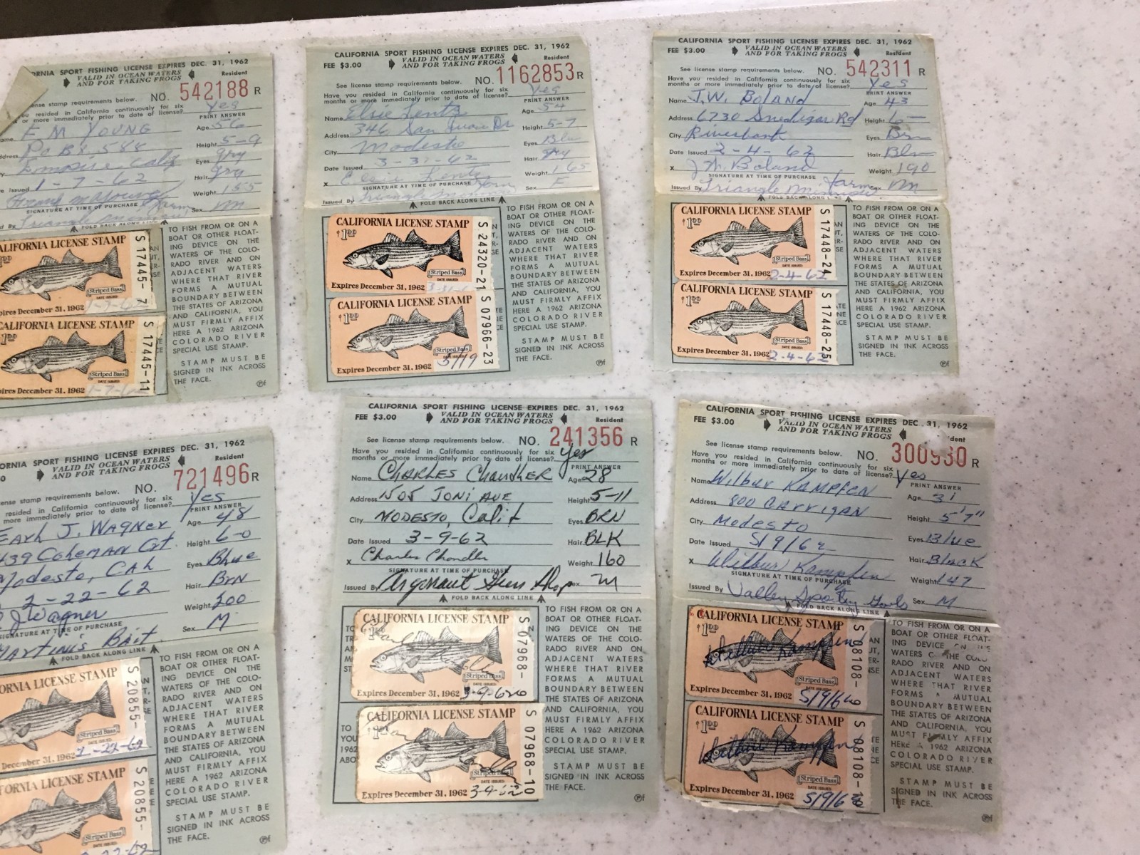 (8) 1962 California Fishing Licenses w/ stamp