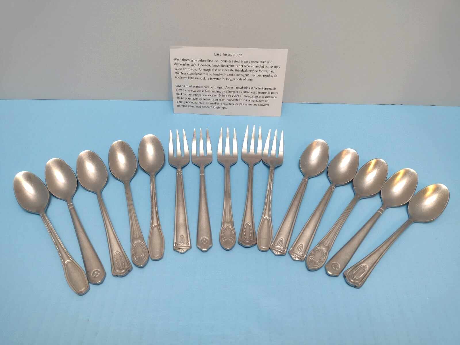 HEARTH AND HAND w/Magnolia Appetizer Forks-5 and Spoons-10 New Silver Antiqued