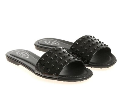 Pre-owned Tod's Women's Fashion Slip-on Flat Slide Sandals Black Patent Leather With Studs