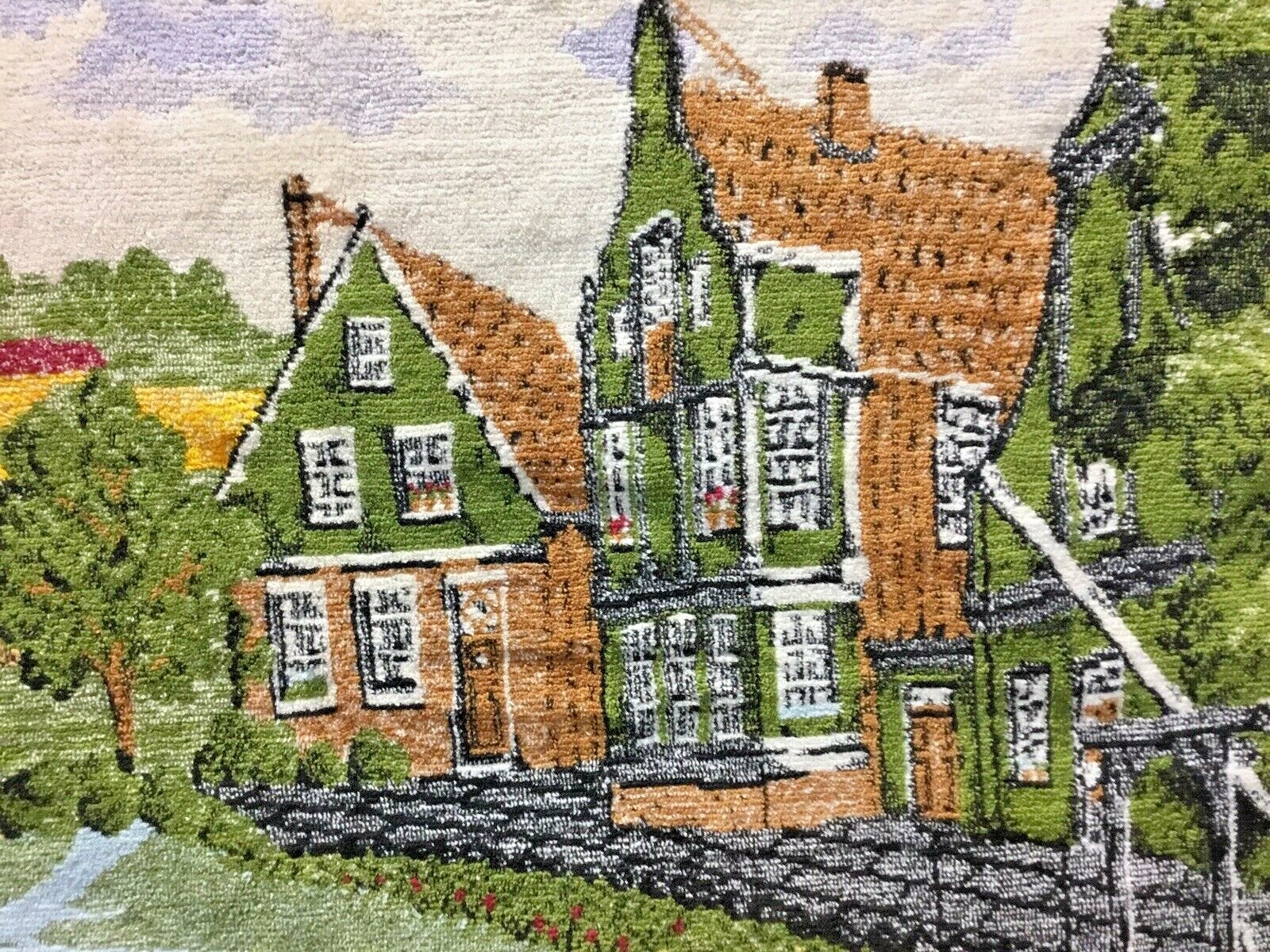 Tapestry~Wall Hanging~Dutch~Windmills~Tulips~Holland~Crops~Fringe~Village~Velour