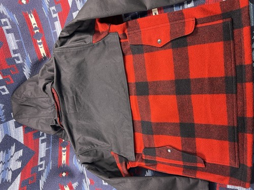 Pre-owned Filson Hooded Mackinaw 24oz Wool Double Coat Cruiser Jacket Waxed Tin Cloth In Red Black