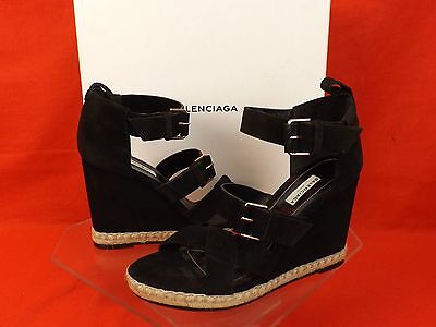 Pre-owned Balenciaga Black Suede Buckle Ankle Strap Espadrille Wedge Sandals 40 $620