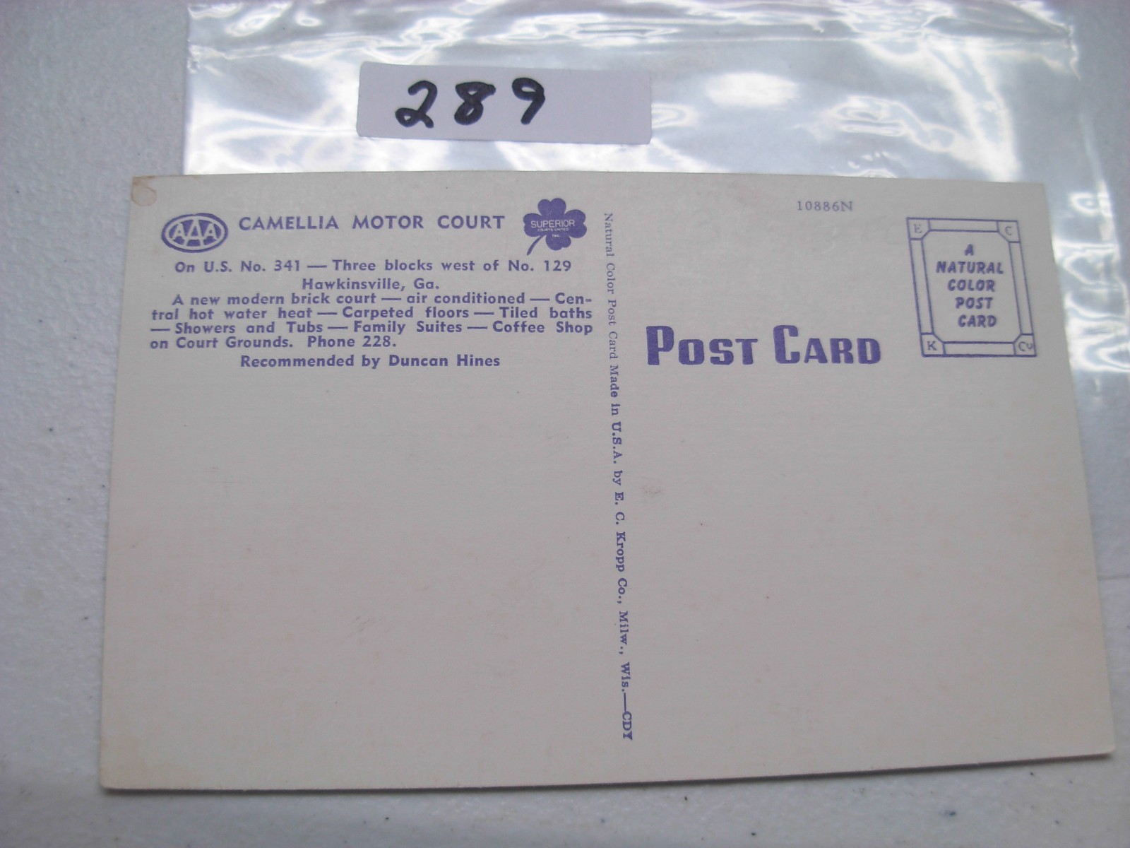 POSTCARD GEORGIA,HAWKINSVILLE,CAMELLIA MOTOR COURT ON US 341  #289