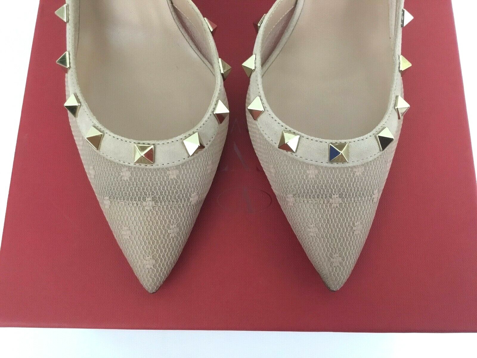 Pre-owned Valentino Garavani Sz.40.5  Rockstud Slingback Pointy Toe Beige Mesh Pump