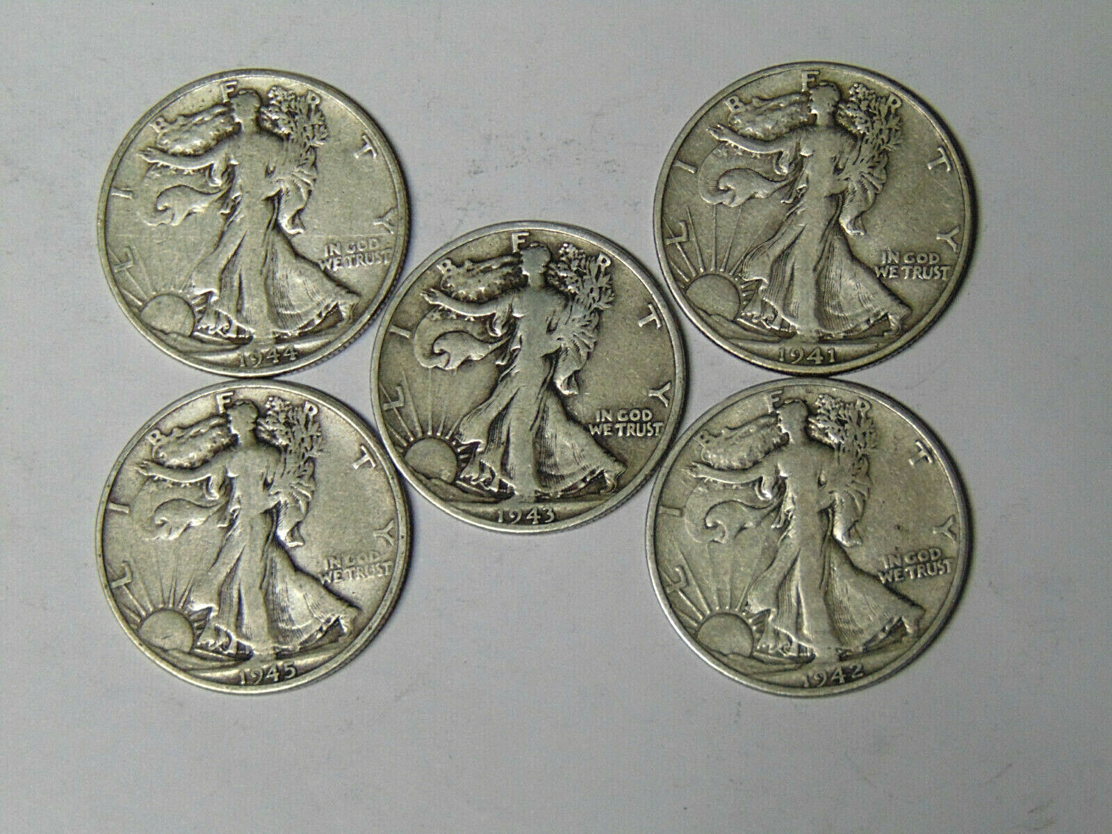 Lot of 5 Walking Liberty Half Dollars 1941-S 1942-S 1943-S 1944-S 1945-S Fine