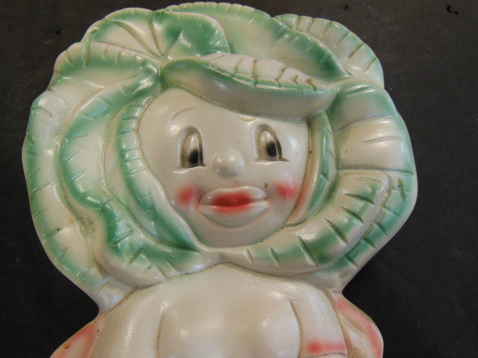 Kitchy Anthropomorphic Cabbage Lettuce Head Girl Chalkware Dress Scissors Hook