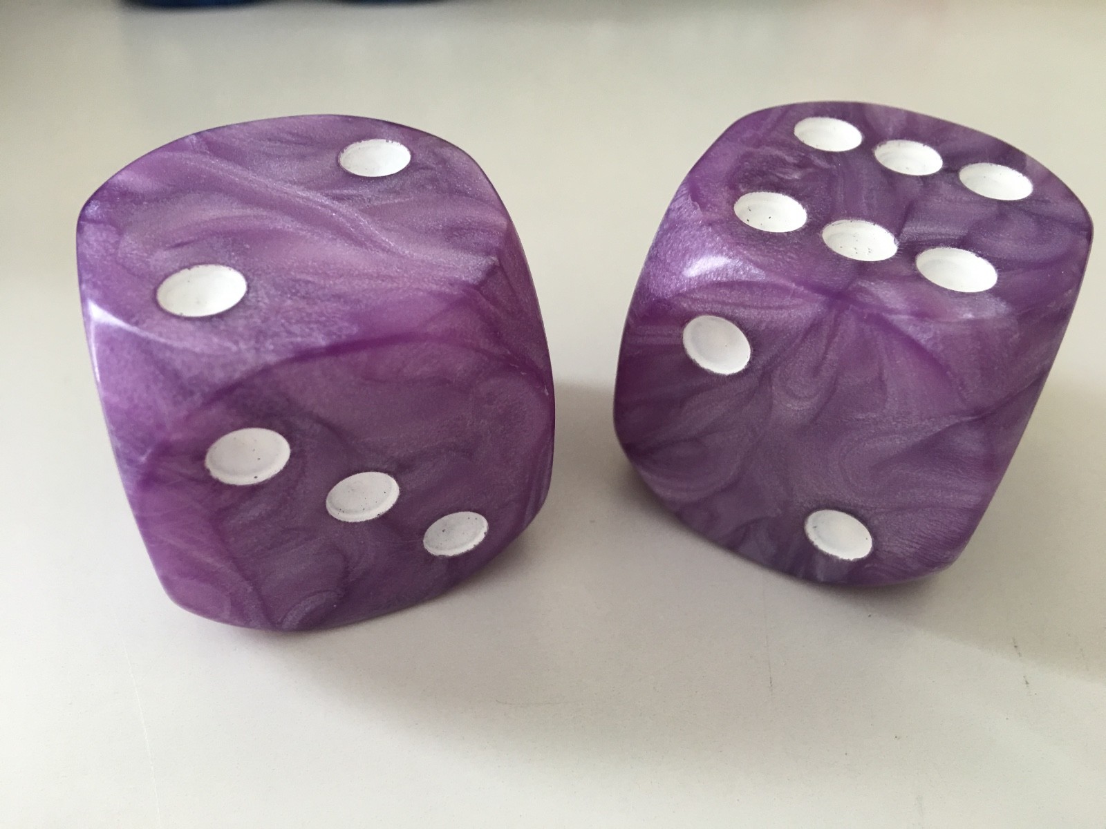 2 36mm Jumbo Large D6 Dice Purple Pearl with White Pips High Quality D & D RPG