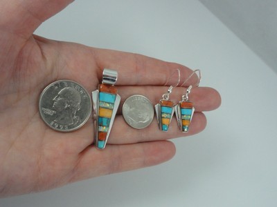 Sterling Silver Turquoise Opal Spiny Oyster Inlay Earrings Pendant Set Striped
