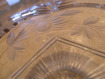 LRG CRYSTAL ROSE BOWL W/GRAY CUT GLASS ROSES/LEAVES/SWAGS 5 1/2 LBS EUC 1940's?