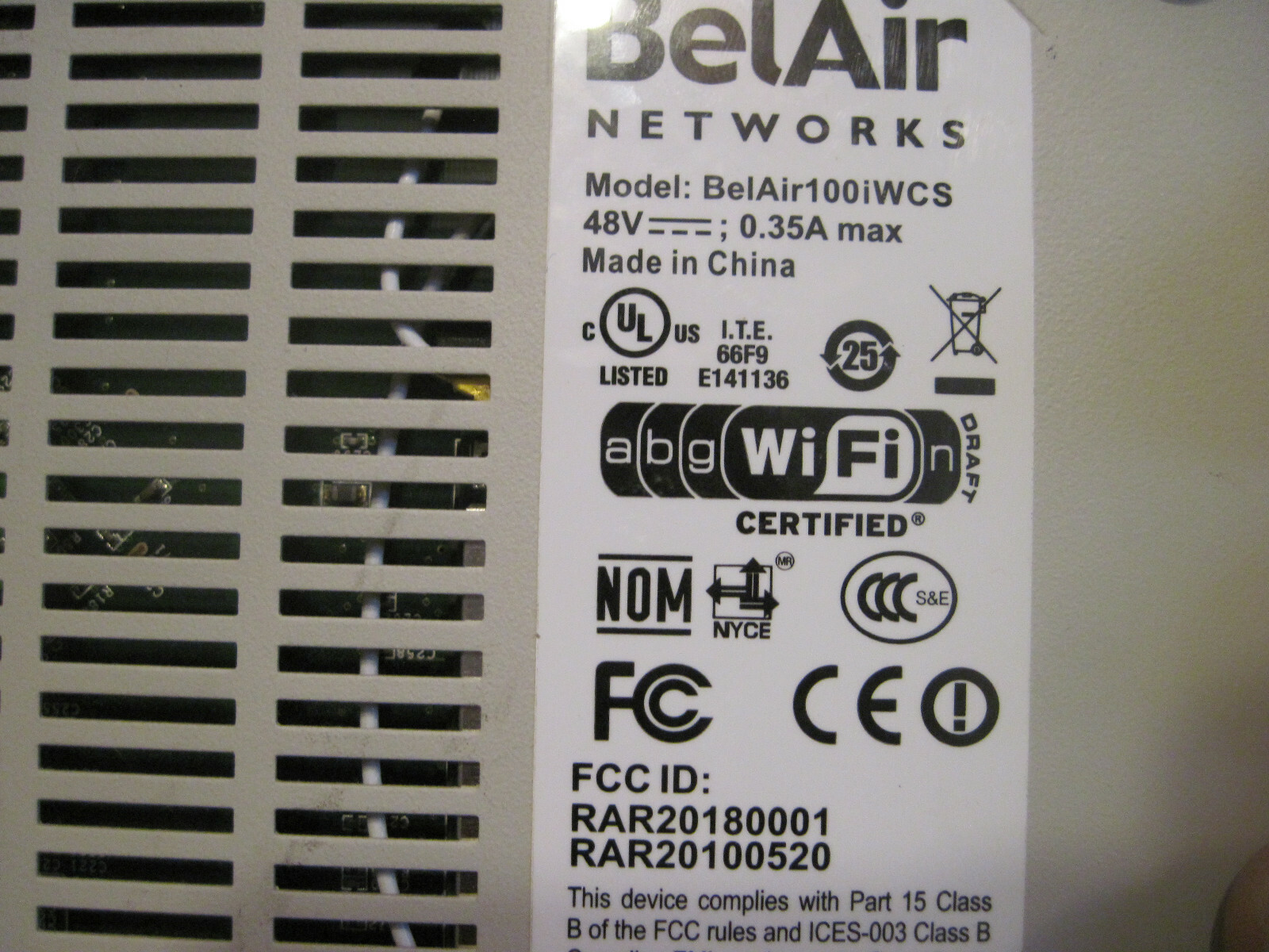 BelAir NETWORKS MODEL BELAIR 100iWCS 48V AP1 WITH POWER CORD