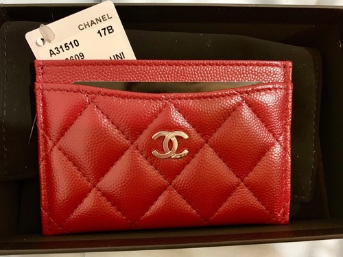 BNIB RARE CHANEL 17B Dark Red Caviar Leather Flat O-Card Case Card Holder,  SHW