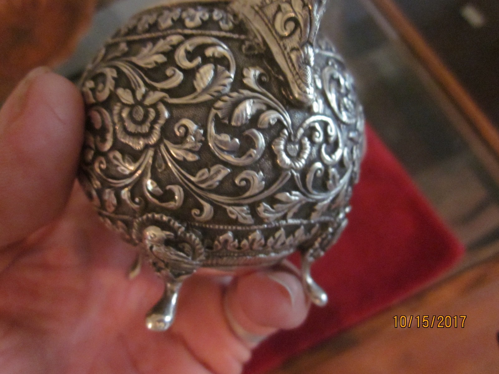 c.1880 Kashmiri Silver Sugar and Creamer w/ matching Tray, chased, animals