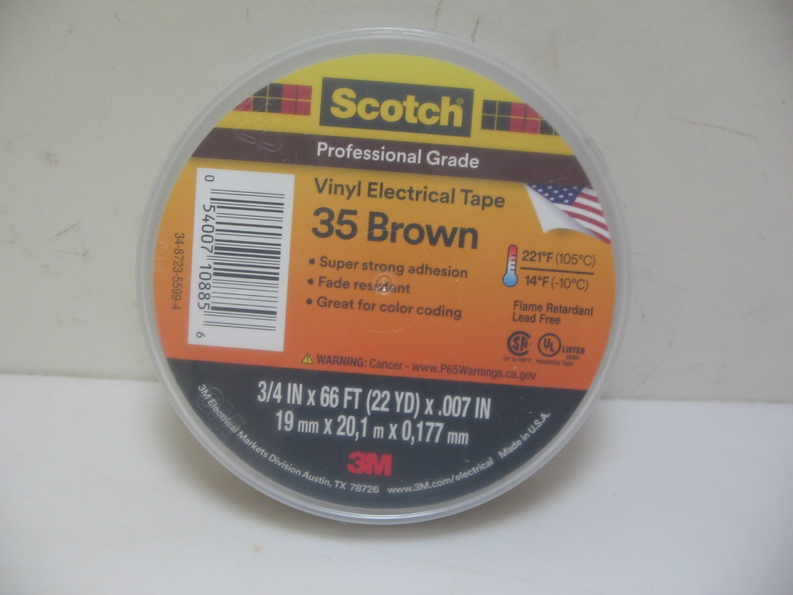 Scotch 3M Pro Grade Vinyl Electrical Tape #35 Brown 3/4in x