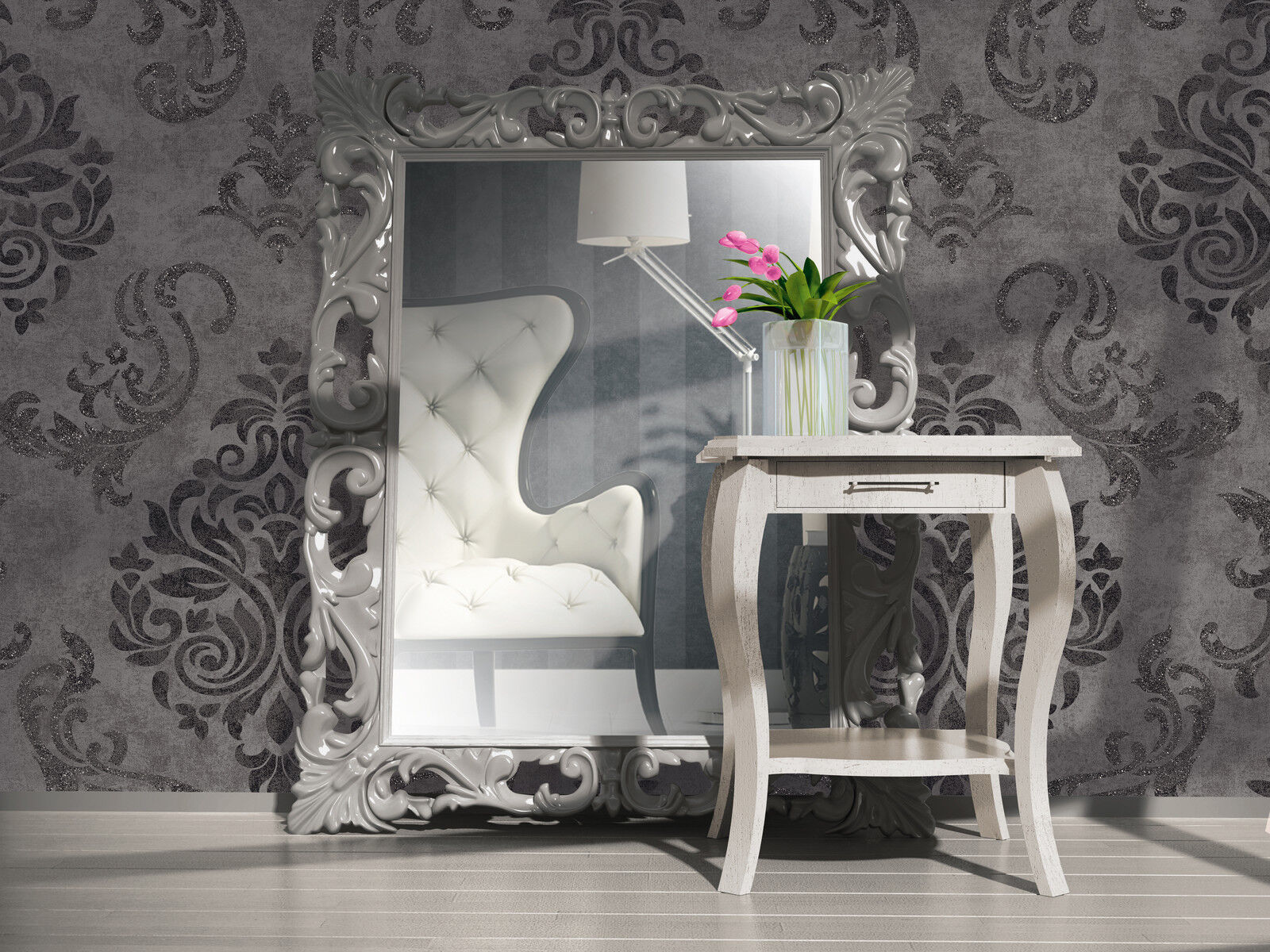 Vlies Tapete Barock Muster Ornament anthrazit grau silber glitzer effekt