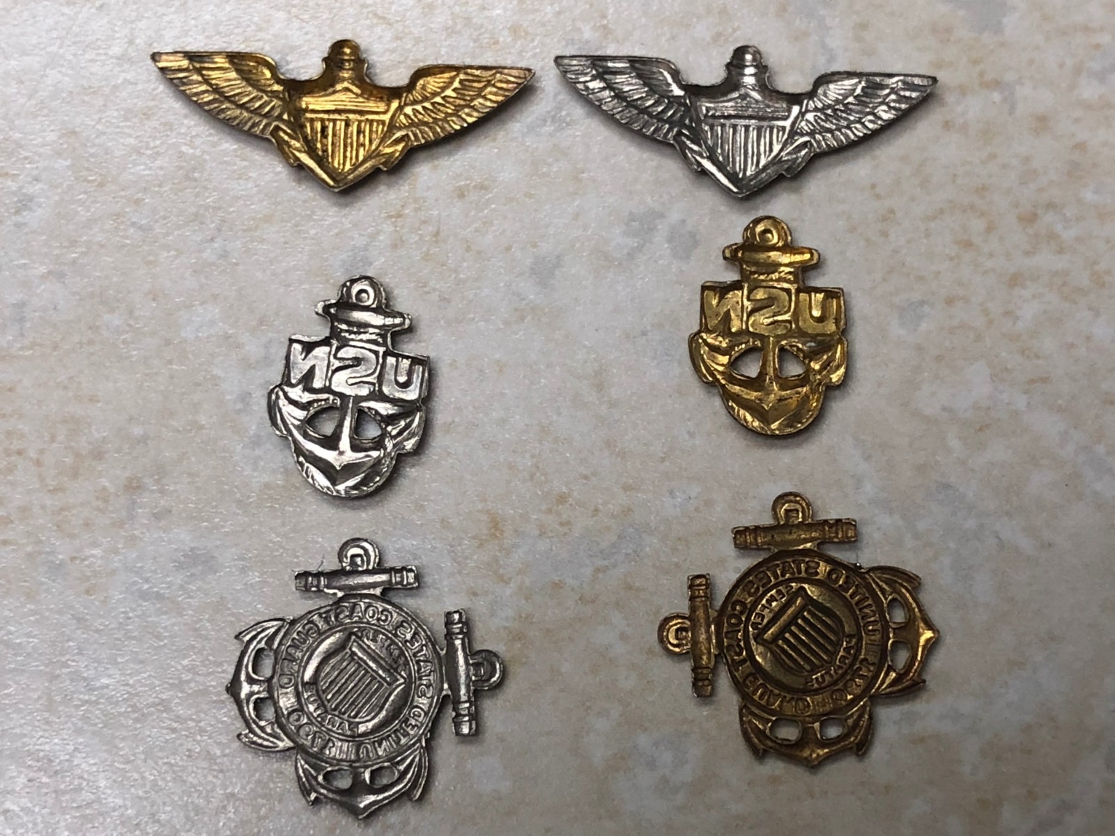Lot of 6 US Navy & Coast Guard Silver & Gold Emblems