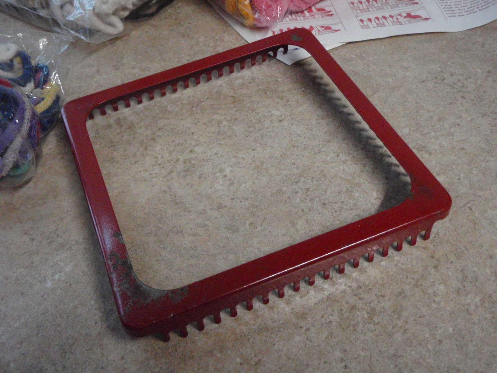 Vintage Metal Potholder Loom w/ Loops & Directions Heavy Red Weaving Craft Tool