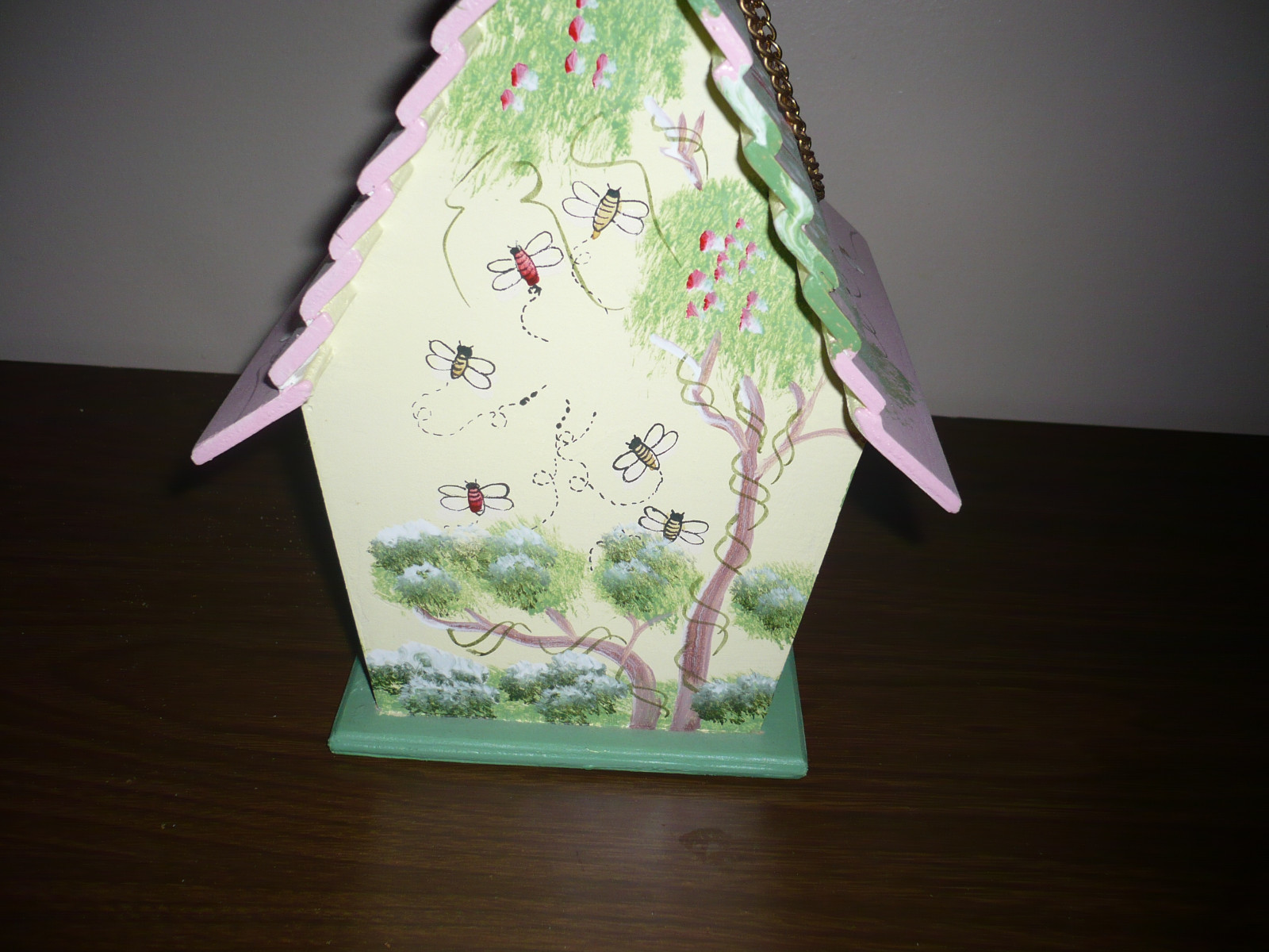 Decorative Summer Theme Bird House Bees and Trees Pink