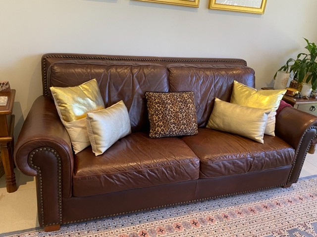 Natuzzi Brown Leather Sofa, 2 arm chairs & foot stool ...