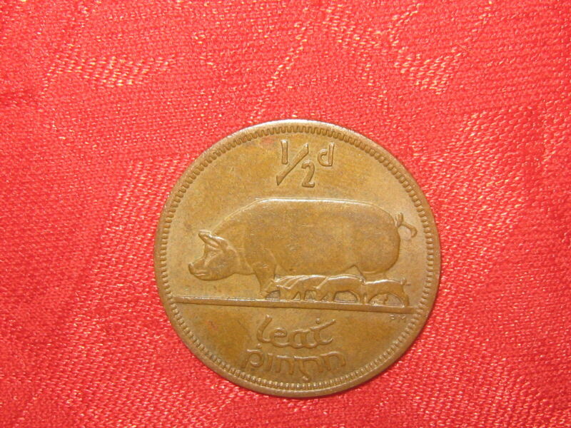 One Antique Vintage Copper Irish Celtic Ireland Pig/Harp Half Penny Coin Coins