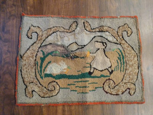 Antique 19th C Victorian Folk Art Area Rag Rug Mat Girl Rabbit Carrots  Losses