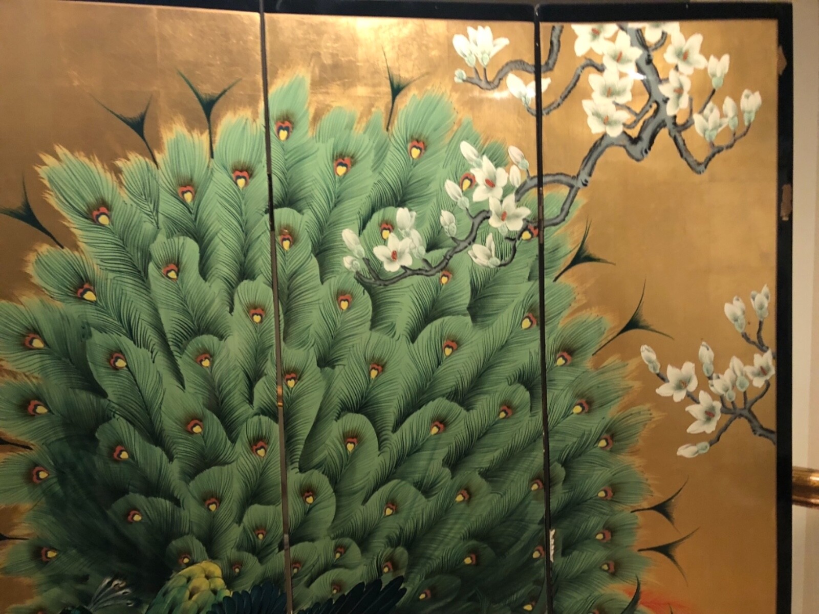 Antique Asian 4 panel room divider 64” wide x 72” tall peacocks & cherry blossom