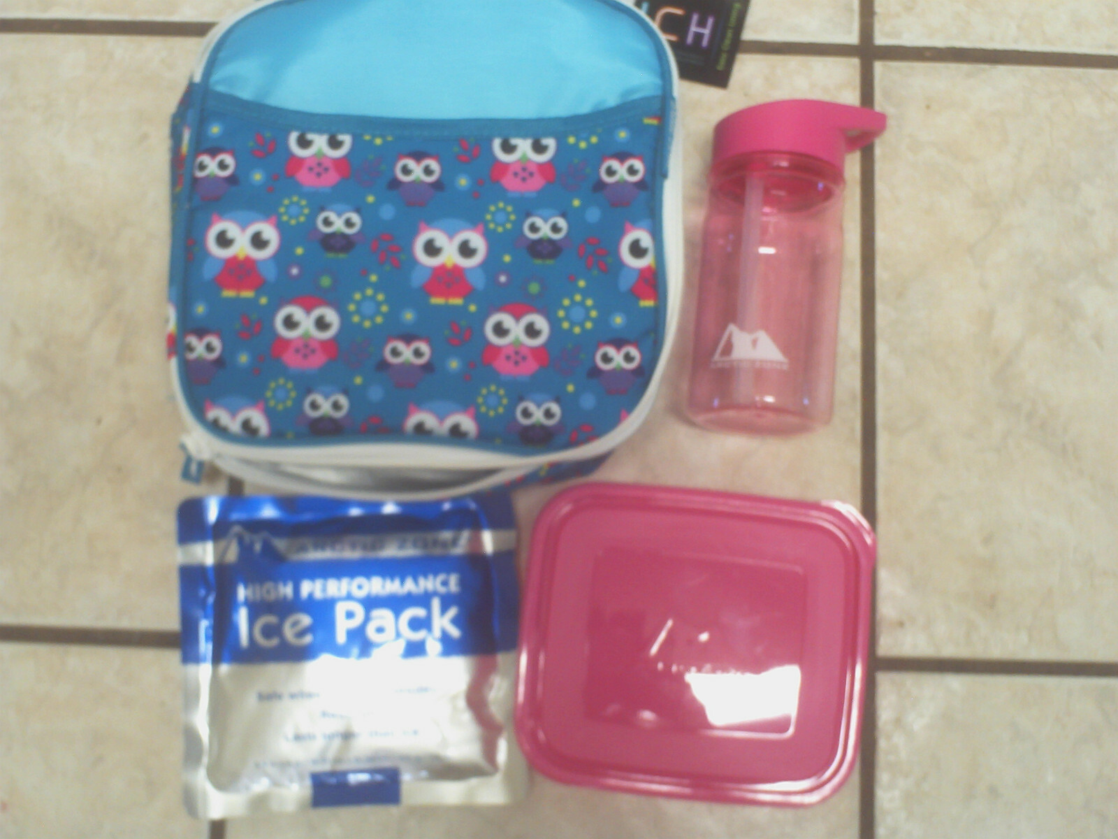 Tote Set Teal Blue Pink Owl Incl Ice Pack + Container + Bottle New