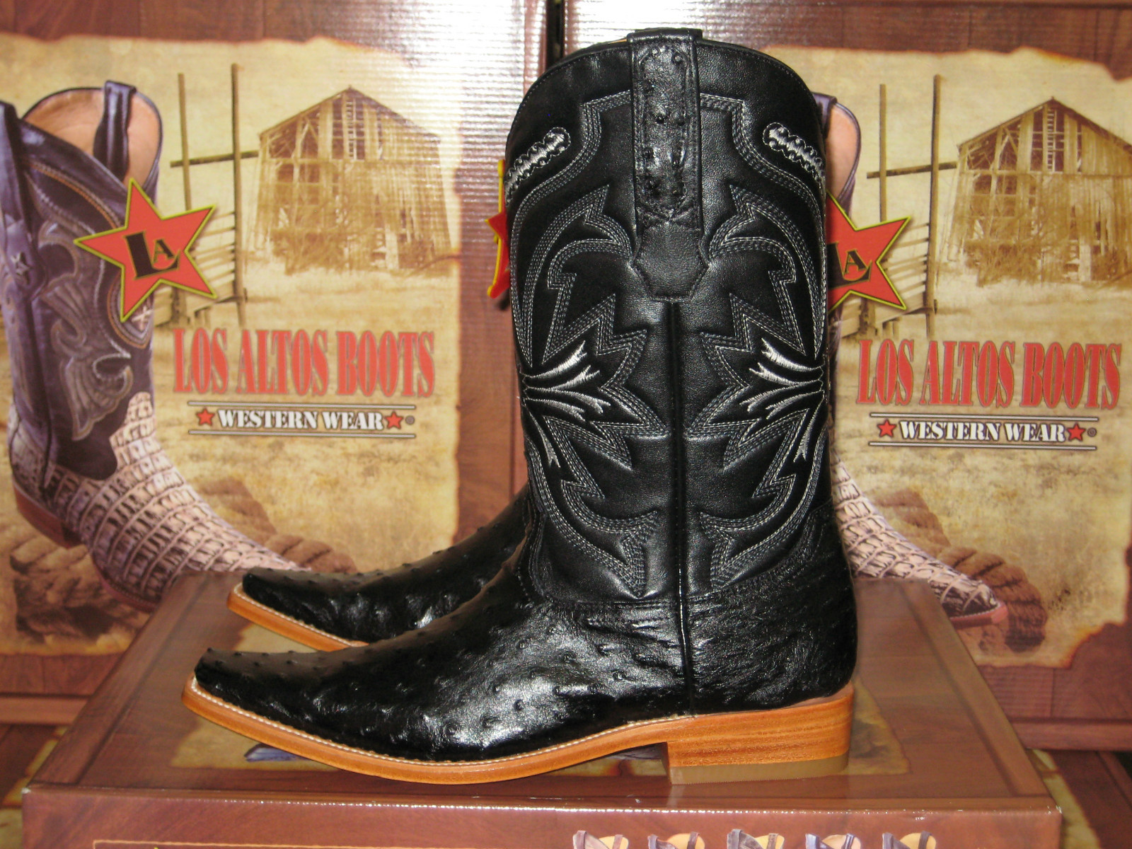 Pre-owned Los Altos Boots Los Altos Black Genuine Full Quill Ostrich Western Versage Square Toe Boot D