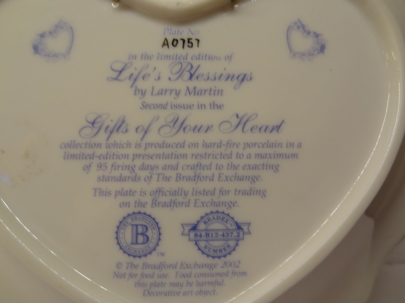 BRADFORD EXCHANGE LIFE'S BLESSING GIFTS OF YOUR HEART LIMITED EDITION PLATE