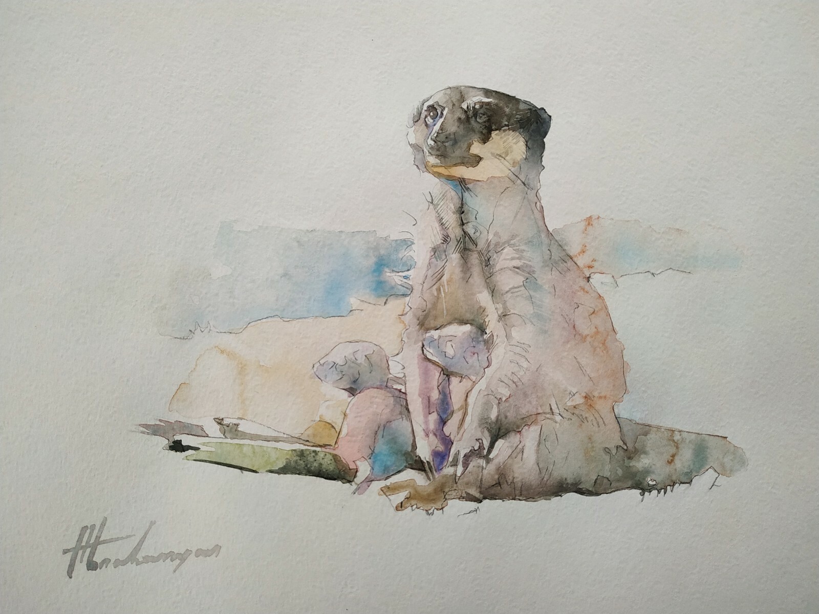 Meerkat family, Animal, Watercolor artwork, Handmade, Original painting on paper