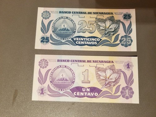 Nicaragua 1 & 25 Cordoba, uncirculated foreign paper currency