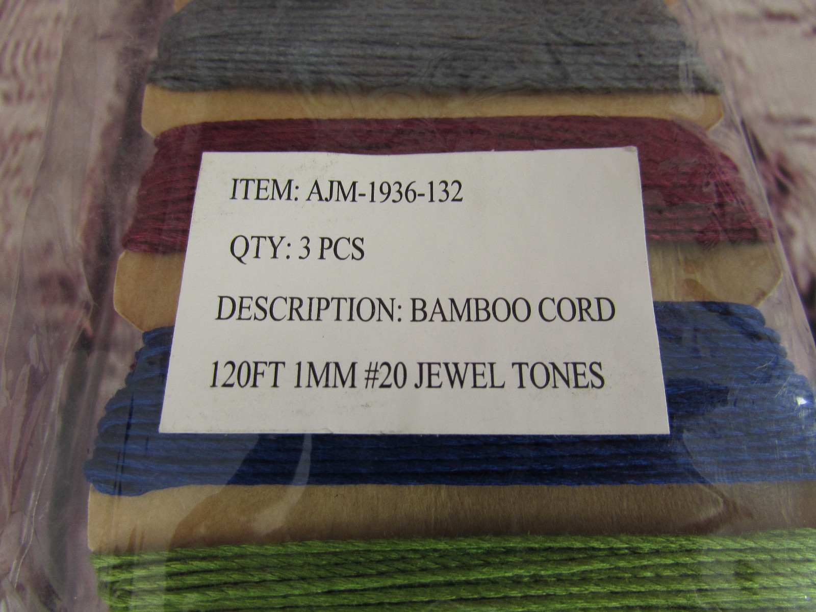 DARICE 100% Natural Bamboo Cord #20 Jewel Tones 3 Cards of Cord