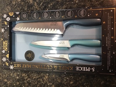 BRAND NEW Thyme & Table Knife & Cutting Mat 5-Piece Set, Blue/Green