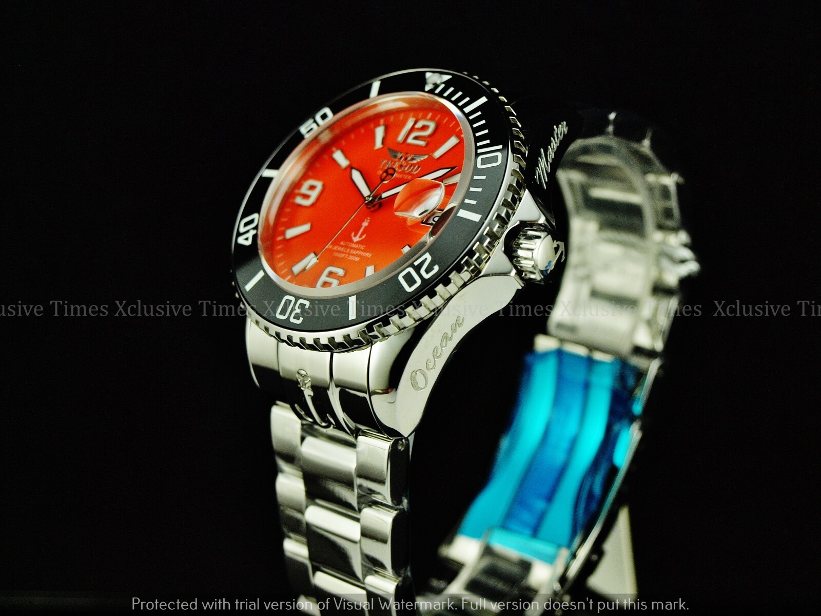 Pre-owned Tresod Men Superlume Ocean Master Auto Orange Dial Sapphire Crystal Ss Watch