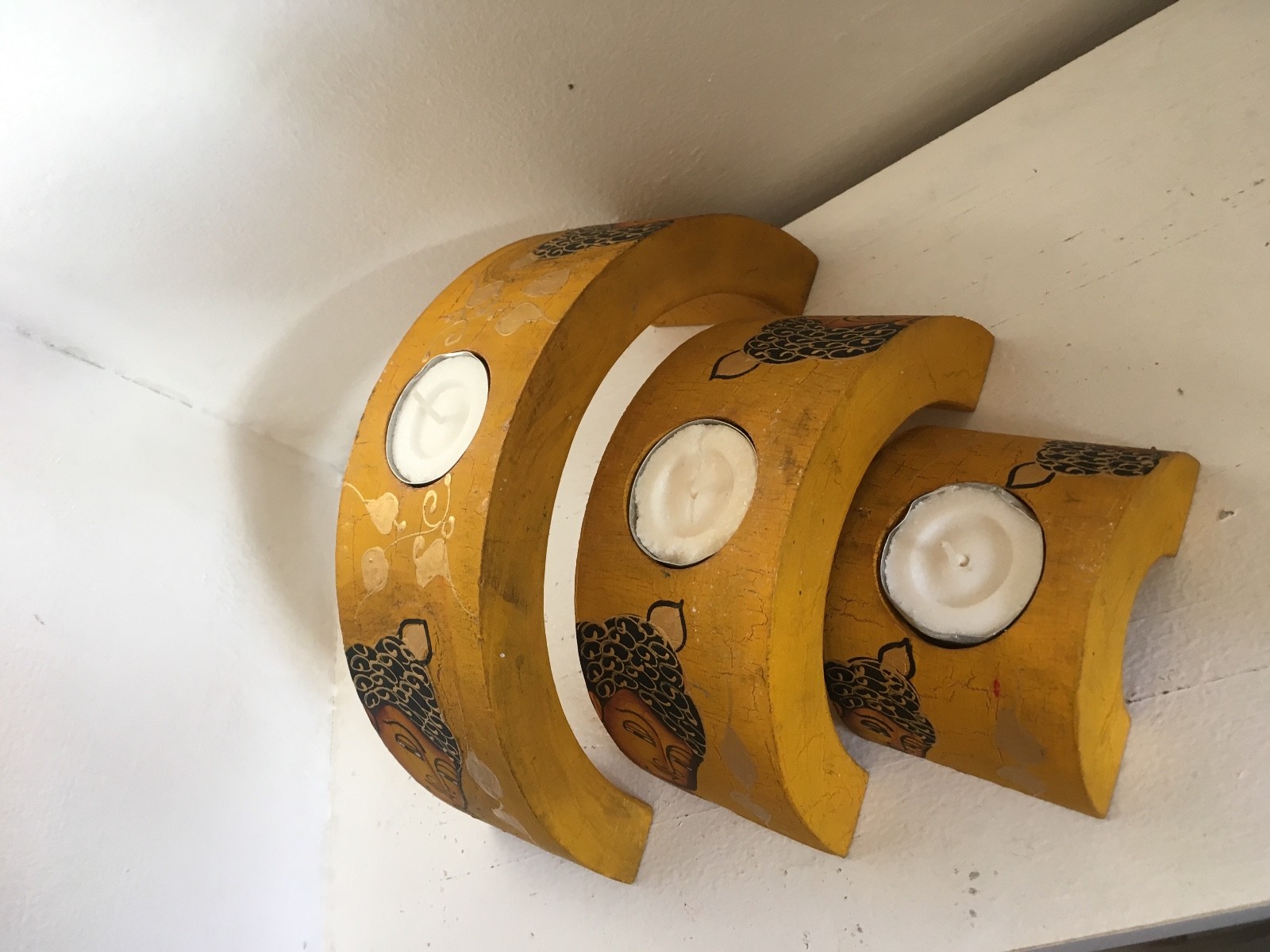 3 piece wood candle set- Hand painted with Yellow background- Half shape