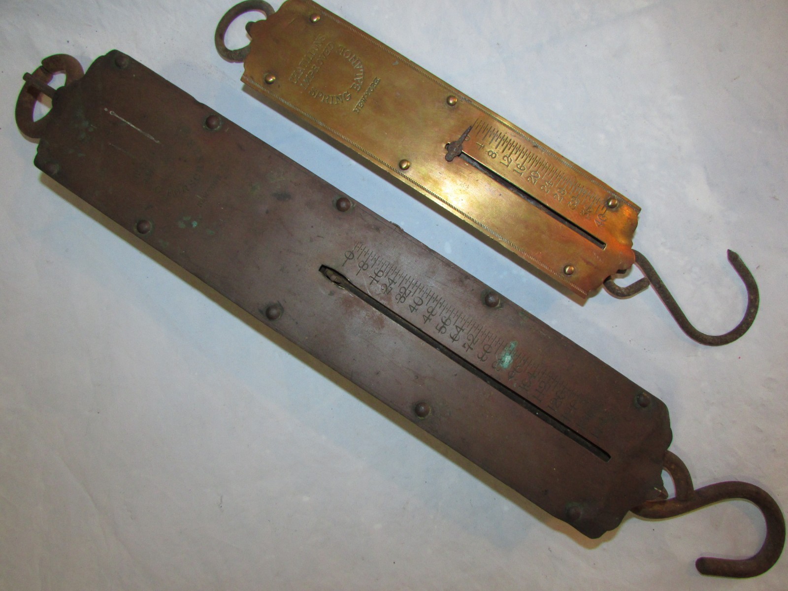 2 Vintage Hanging Spring Balance Scales Chatillion 40 lb. & C. Forschner 150 lb.