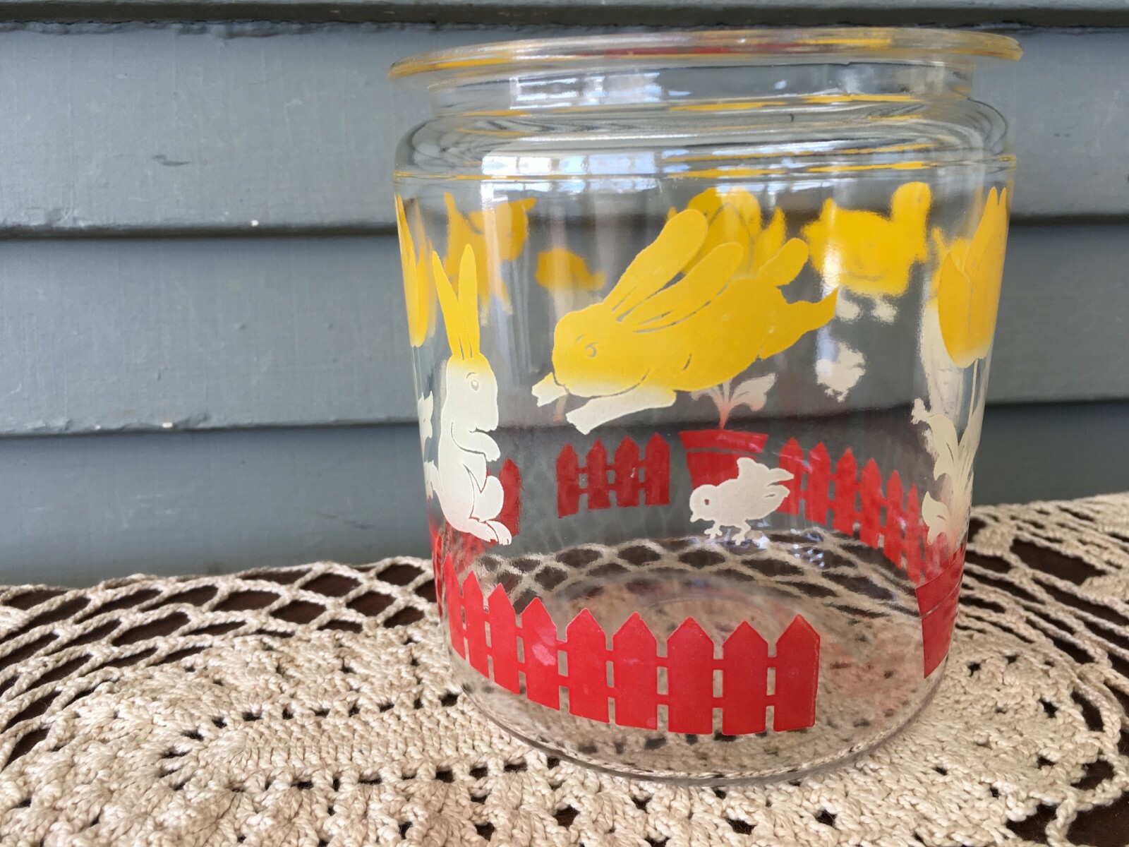 Vintage Small Storage Canister Clear Glass Jar Bunnies Ducks Red Picket Fence