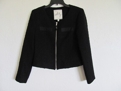Milly New York Zip Front Jacket-Woven Textured Wool -Black- Size 8- NWT $525