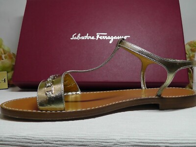 Pre-owned Ferragamo Salvatore  Metallic Gold Tremiti Chain Trim Flat Sandal Size 8.5c$430