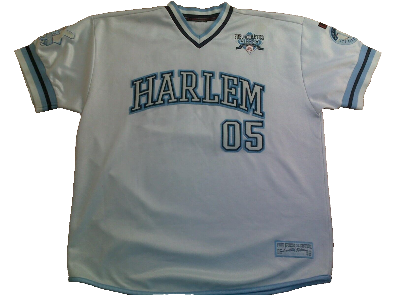 トップス 50s vintage WAYME 7 football T-shirts FUBU jersey, vintage white HARLEM t-shirt New York Fubu City