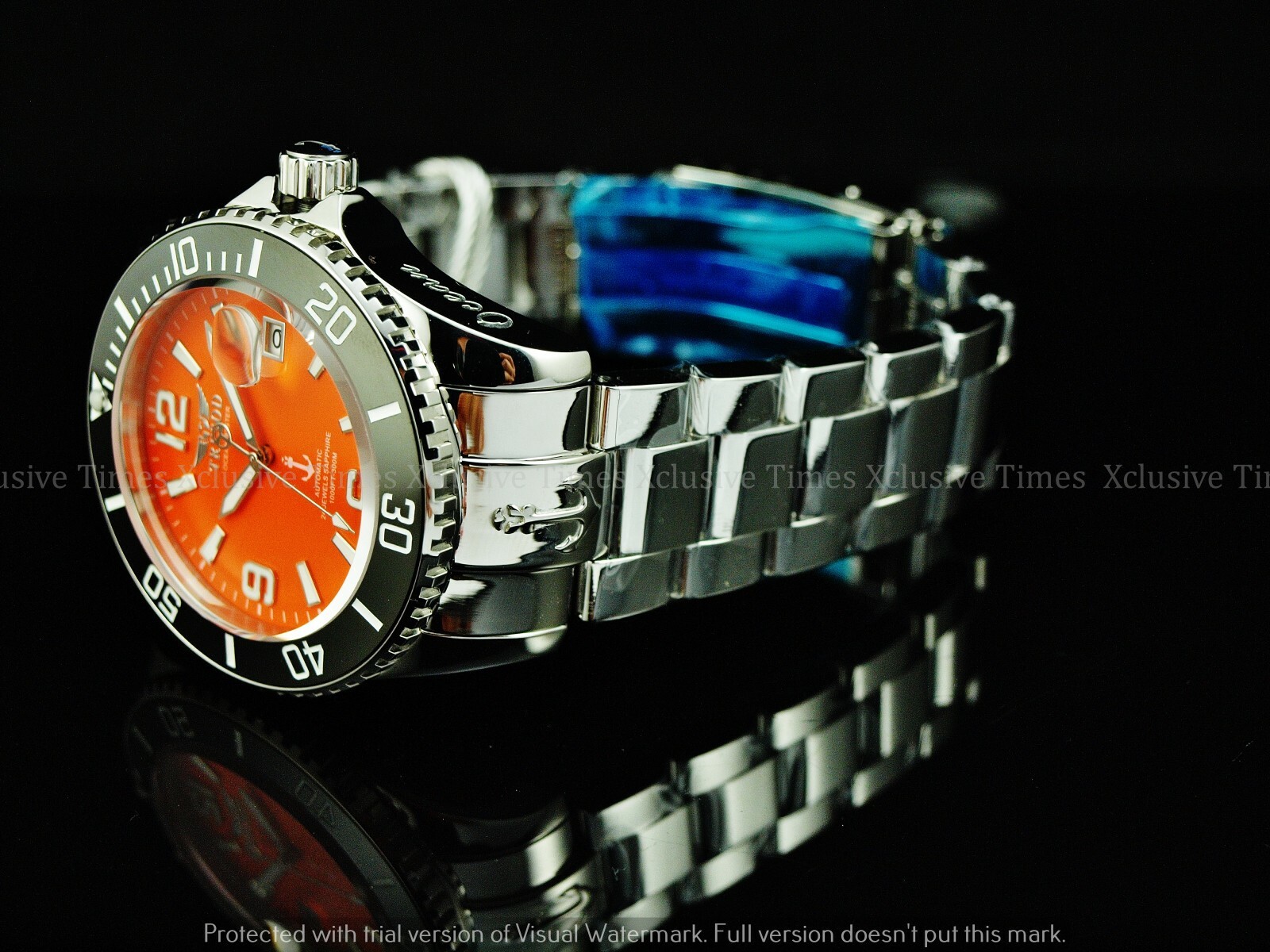 Pre-owned Tresod Men Superlume Ocean Master Auto Orange Dial Sapphire Crystal Ss Watch