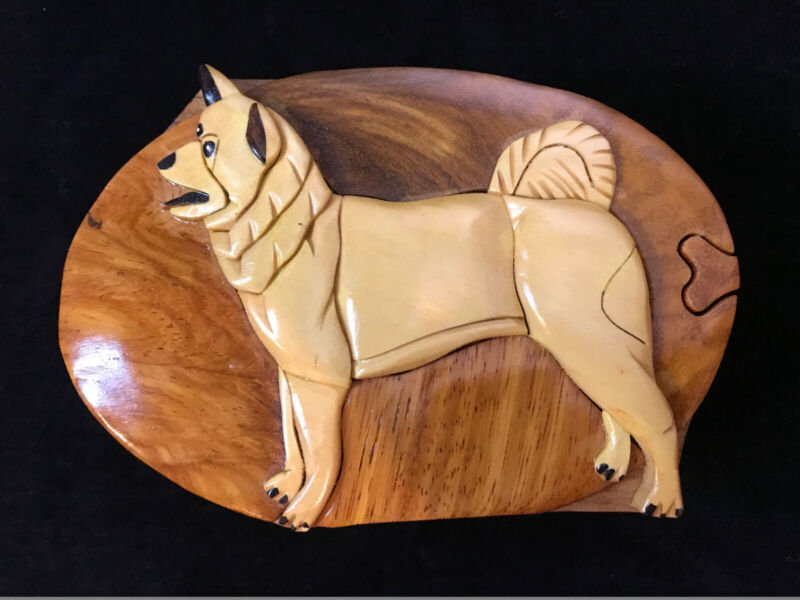 Hand crafted 3D Intarsia Wood Art AKITA Dog Puzzle Wooden Box