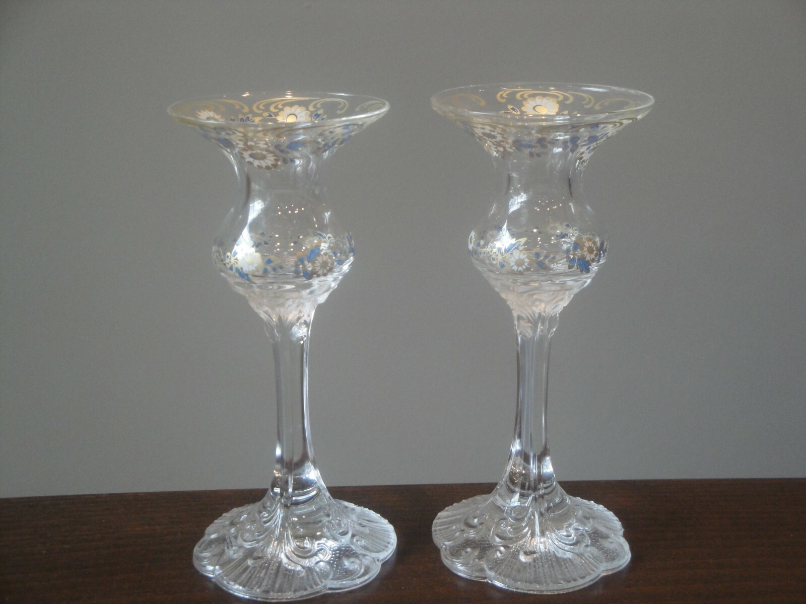 2 ROSENTHAL CRYSTAL CLASSIC ROSE CANDLESTICKS - BLUE GOLD WHITE FLOWERS - 6.25